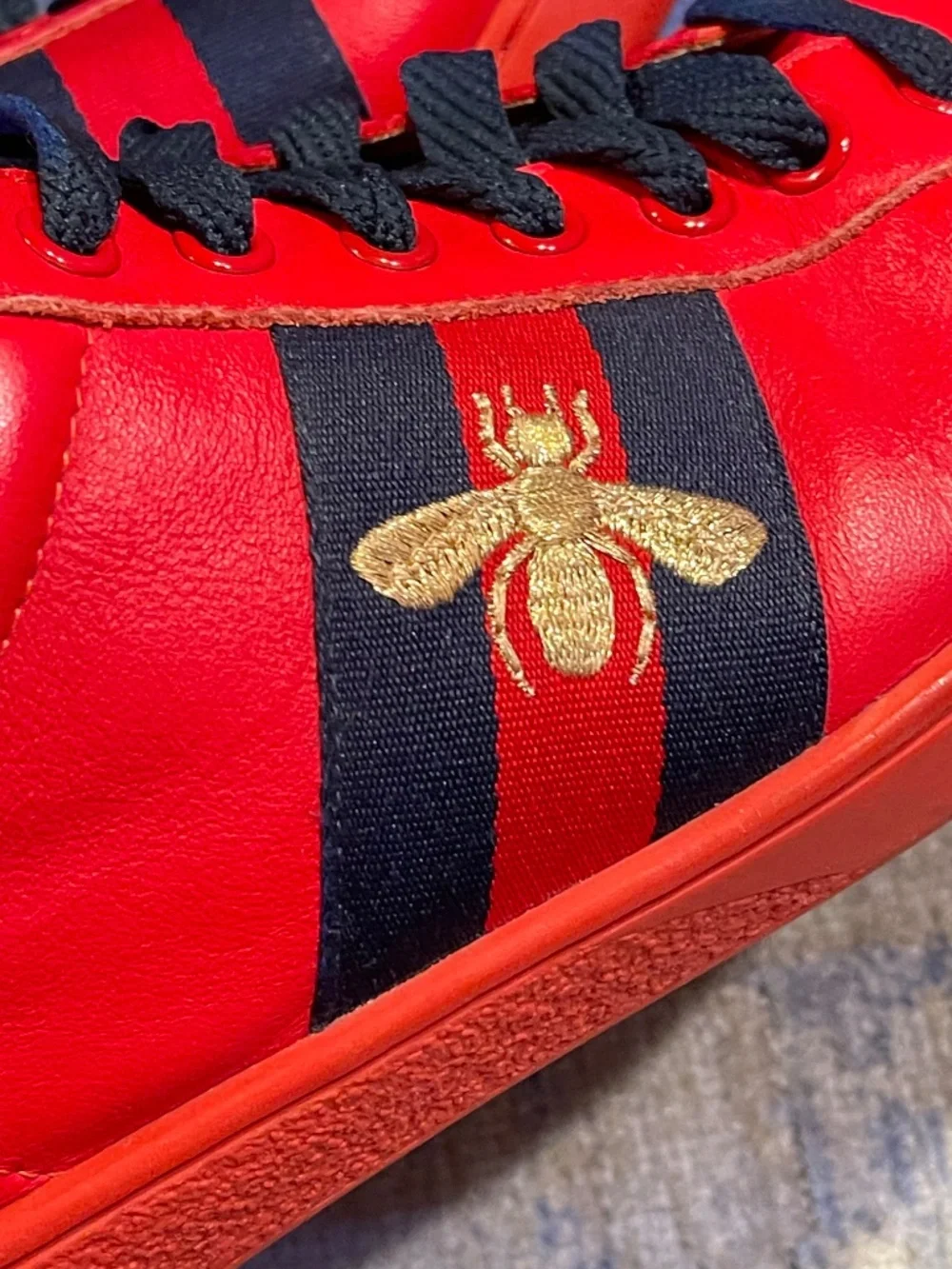 Gucci Red Leather Sneakers with Black Stripe and Gold Bee